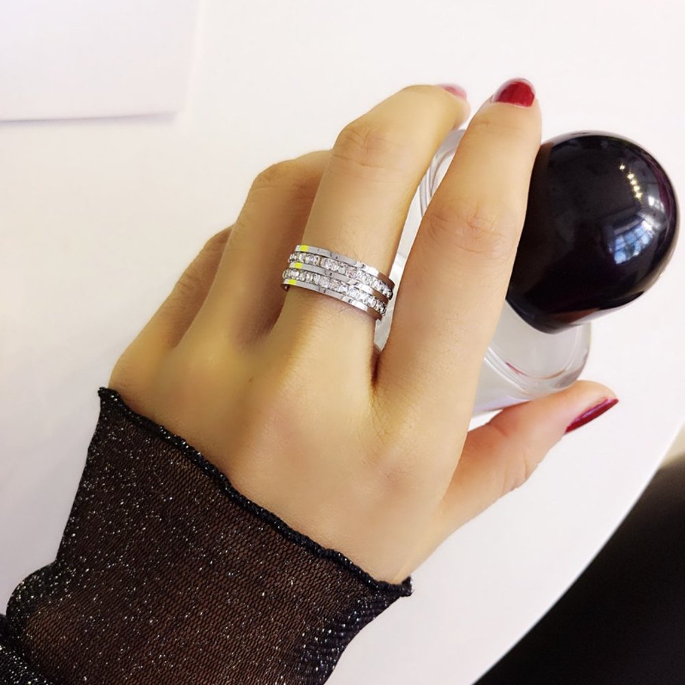 3/$35 Double Row Band Ring Silver Stainless Steel Diamond Crystal Cubic Zirconia